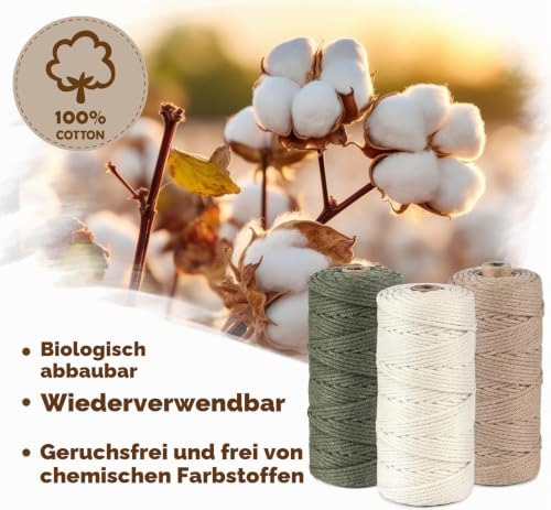 ilauke Makramee Garn 3mm x100m Baumwollkordel Natur Militärgrün+Hellbraun+Beige – Bild 7
