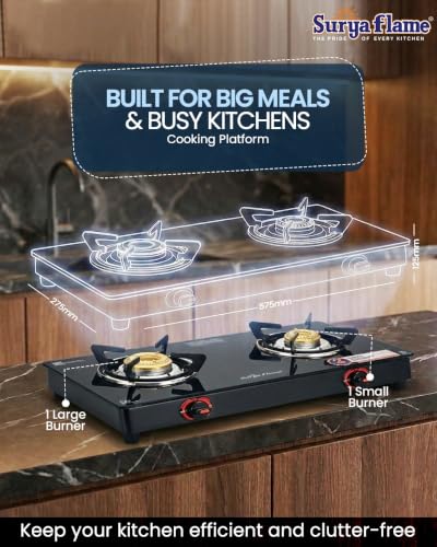 Image of Surya Flame LPG Gas Stove 2 Burners Glass Top with High Powered Brass Burner, Premium Toughened Glass & Powder Coated Body for Modular Kitchen, ISI Certified & 2 Years Warranty with Doorstep Service