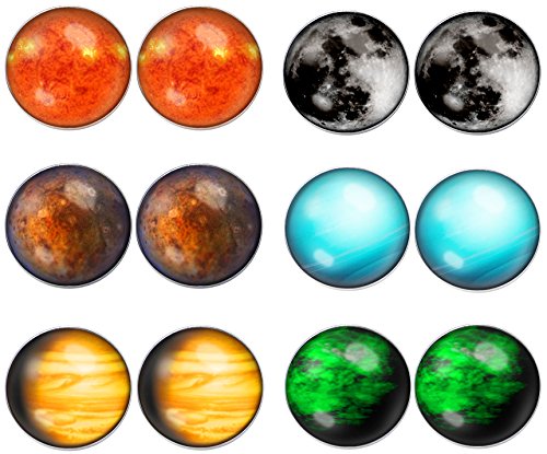 LilMents 6 Pairs of Solar System Planet World Universe Unisex Mens Womens Stainless Steel Stud Earrings (Design Set B)