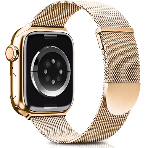 Higgs Bracelets Compatible avec Bracelet Apple Watch 41mm 40mm 38mm pour Femme et Homme, Bracelet Double Magnétique Réglable pour iWatch Series 8 7 SE 6 5 4 3 2 1, Lisse Metal Milanais Rose Or