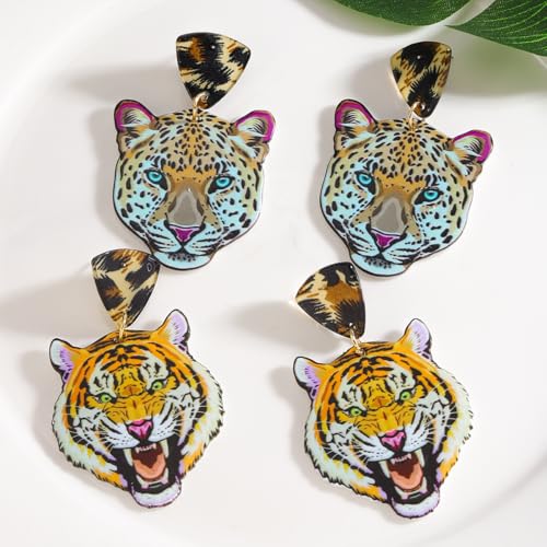 2 Pairs of Acrylic Tiger Leopard Head Earrings Set for Women, Exaggerated Bold Animal Print Dangle Earrings, Lightweight Statement Jewelry for Casual Party Wear4