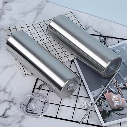 Cosictic 20 Oz Skinny Tumbler Set Of 4, Slim Insulated Stainless Steel Travel Tumbler With Lid And Straw, Skinny Water Tumbler For Diy Birthday Gift, Silver #TOP2