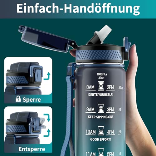 QLUR Trinkflasche, 1L BPA-Frei Tritan Wasserflasche mit Strohhalm, Trinkflasche Sport Auslaufsicher mit Zeitmarkierung und Bürste, Sportflasche für Fitness, Schule, Yoga, Outdoor(1 Flasche)