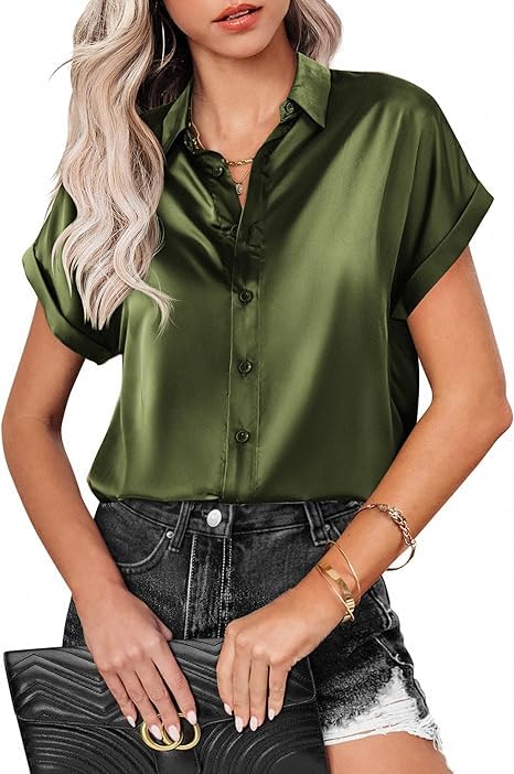 GenericSilk Blouse for Women Short Sleeve Satin Button Down Shirts Casual Loose V-Neck Business Work Tunic Top