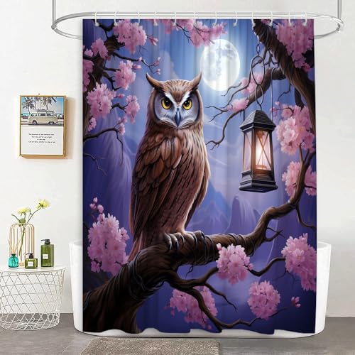 Jejomeag JM-103GA-180X180 Owl Shower Curtain Wild Animal Wildlife Floral Full Moon Forest Mountain Fantasy Purple Fabric Bathroom Curtain cover