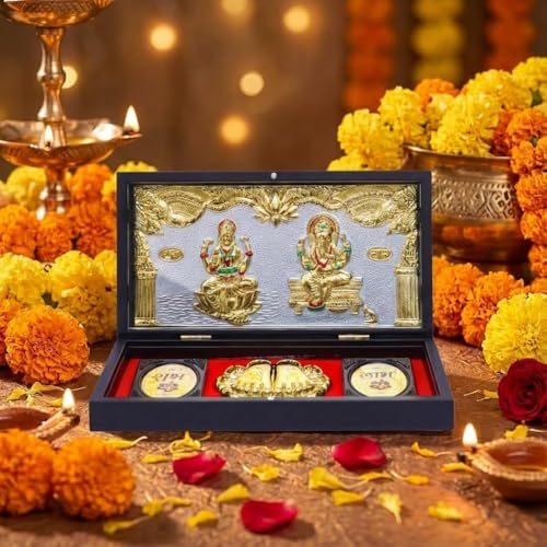 Image of Laxmi Ganesh Pocket Temple for Wedding Gift, Housewarming Gift & Pooja Room Decor | Gold Plated Photo Frame with Charan Paduka - 8 Inches (Brown)