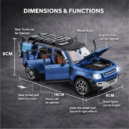 Image of Pringo Defender Toy Car for Kids (Blue) - 1:36 Scale Diecast Metal SUV with Pull Back Action | Two Side Openable Doors | Light & Sound Effects | Model Car Toy for Boys & Girls 3+ Years