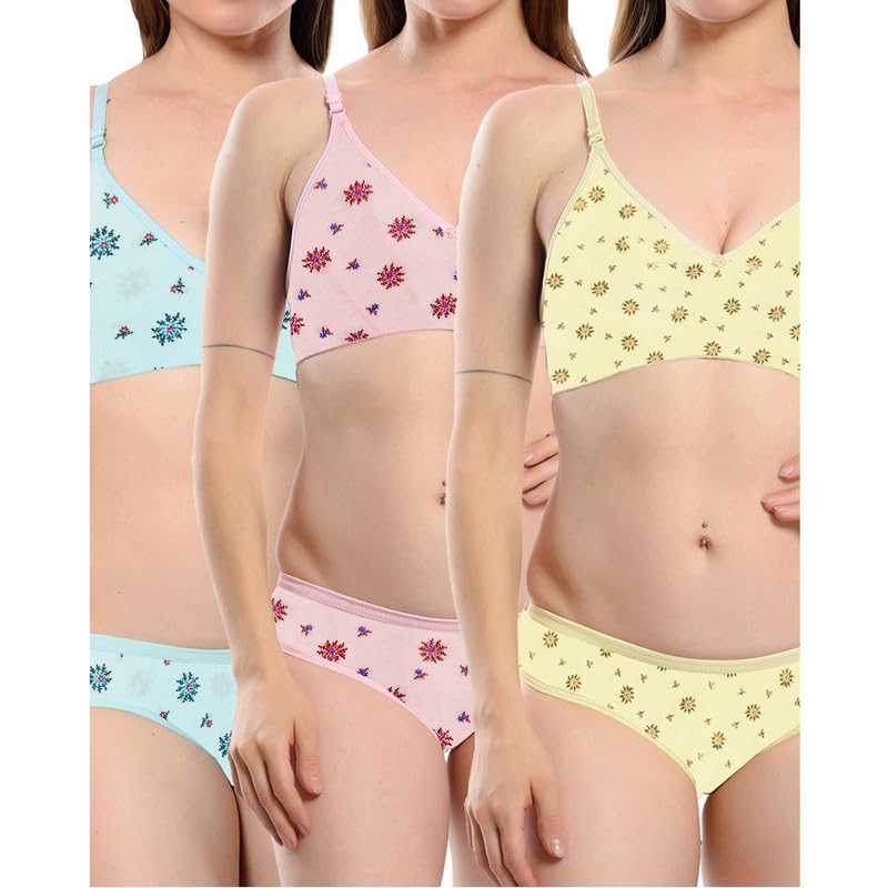 Image of WomenSolid Printed Non-Padded Non-Wired Bra Panty Lingerie Set of 3 S to 3XL