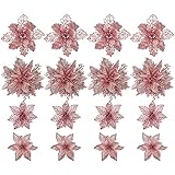 KEPATO 32 Pcs Poinsettia Artificial Flowers Christmas Decorations, 4 Styles 5.5 inch Glitter Wreath