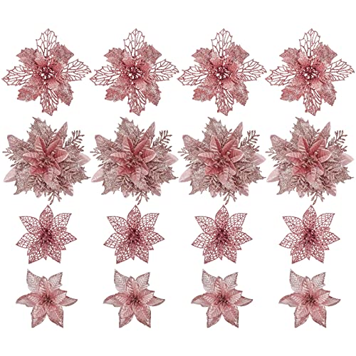 Kepato 32 Pcs Poinsettia Artificial Flowers Christmas Decorations, 4 Styles 5.5 Inch Glitter Wreath Xmas Tree Ornaments For Christmas New Year Party Rose Gold #TOP8