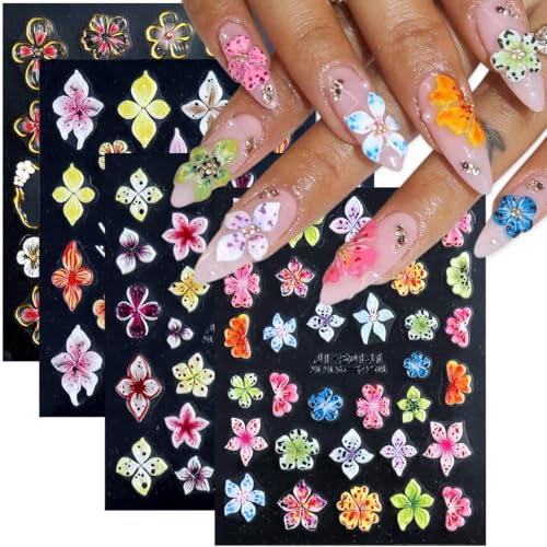 Ahamo 5D Embossed Floral Nail Stickers for Women | 4 Sheets Self-Adhesive Hibiscus Nail Art Decals | Cute Accessories for DIY Manicure & Professional Nail Art