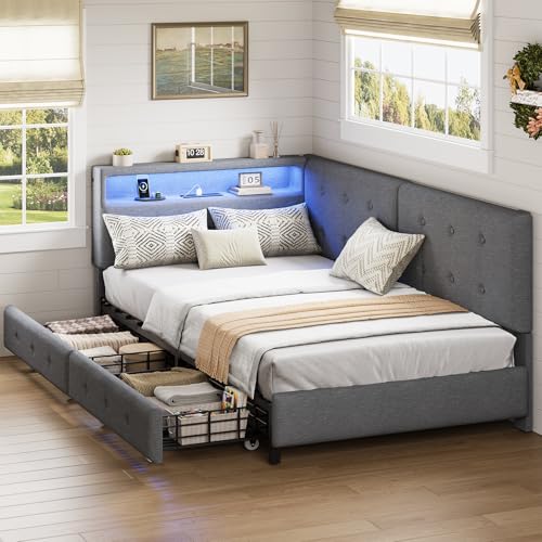 HOOBRO Twin L-Shaped Corner Bed Frame with 2 Storage Drawers, Daybed Upholstered in Linen Fabric with LED Lights and Power Outlet for Bedroom, Space Saving, No Box Spring Needed, Gray