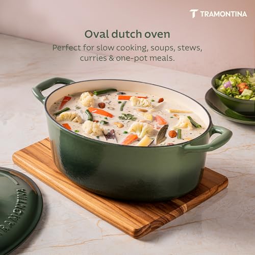 Image of TRAMONTINA Bestow Oval Dutch Oven 6.6L with Lid | Enameled Cast Iron Casserole Pot & Biryani Pot | Even Heat Retention | Low Oil Healthy Cooking | No Seasoning Required | All Cooktops Compatible | Green