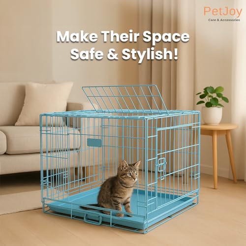 Image of PETJOY Foldable Metal Dog Cage | Dog Crate Kennel for Puppies, Small Dogs, Cats & Rabbits | Single Door with Secure Lock, Removable Leak-Proof Tray | Portable & Easy to Clean Pet Cage (Blue, 30 INCH)