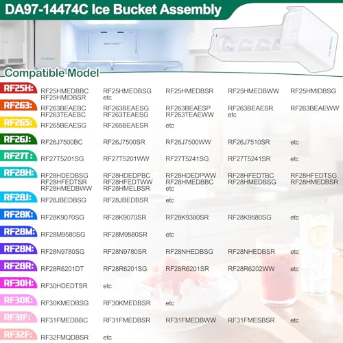 Upgraded DA97-14474A DA97-14474C DA97-12604D Refrigerator Ice Maker Replacement Compatible with Samsung Ice Bucket Parts RF26J7500SR, RF28HFEDTSR, RF265BEAESR Ice Bin Tray W/Latch Plate