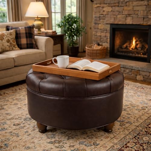 Image of HomePop 25 inch Button Tufted Round Storage Ottoman - Distressed Brown Faux Leather