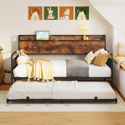 LIKIMIO Daybed with Trundle, Metal Twin Bed Frame with Charging