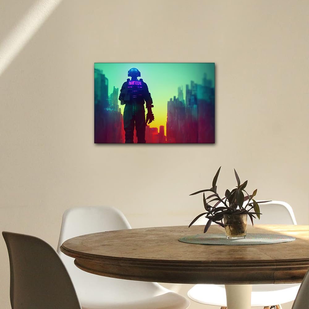 Canvas Wall Art Cyberpunk Soldier City Patrol Pictures Cyberpunk City Paintings for Living Room Premium Quality Artwork Bedroom Home Decorations Framed Posters and Prints Ready to Hang 24x16 in - Image 3