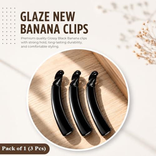 Image of Glaze Glossy Finish Curved Claw Hair Clips for Women & Girls | Strong Grip Non-Slip Hair Jaw Clips for Thick, Thin & Curly Hair | Everyday Styling Accessories | Black, Pack of 3 (large)