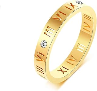 Gold Roman Numeral Ring for Women Men Cubic Zirconia Simulated Diamond Ring Silver Hollow Out Stainless Steel Ring Wedding Band Rings Jewelry Gifts Size 6-12