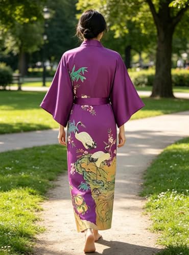Image of Women's Classic 100% Silk Kimono Robe, Bathrobe-Printed Pattern