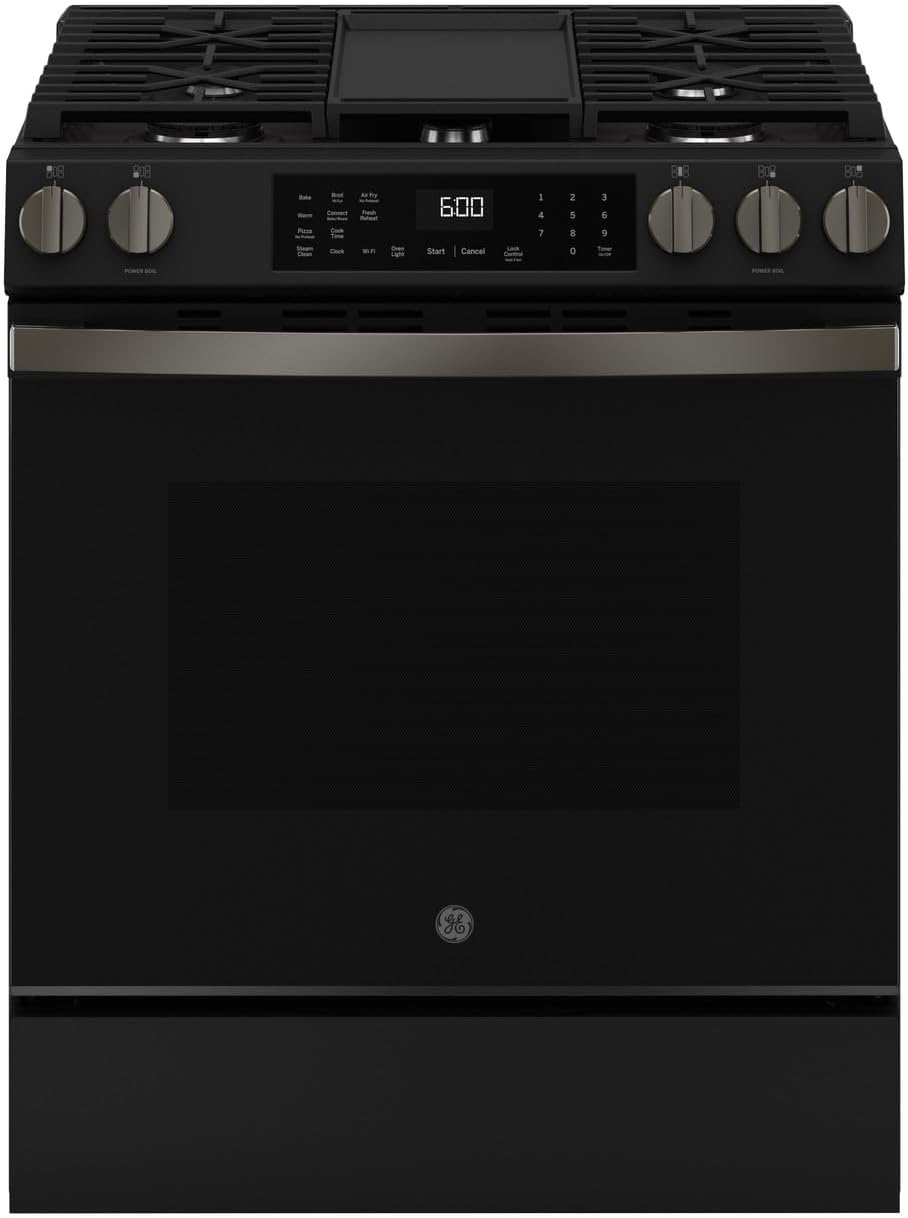 GE 30-Inch Slide-In Gas Smart Range with Convection, No-Preheat Air Fry, 5 Sealed Burners, Black Slate