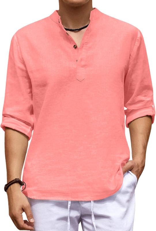 Image of ROYALSCOUT Men's Cotton Blend Casual Short Kurta Shirt with Notch Neck and Button Detail | Full Sleeve Straight Fit Lightweight Ethnic Top for Summer