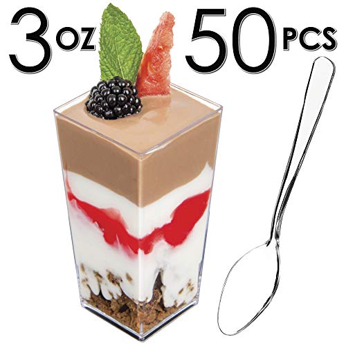 DLux 50 x 3 oz Mini Dessert Cups with Spoons, Square Tall
