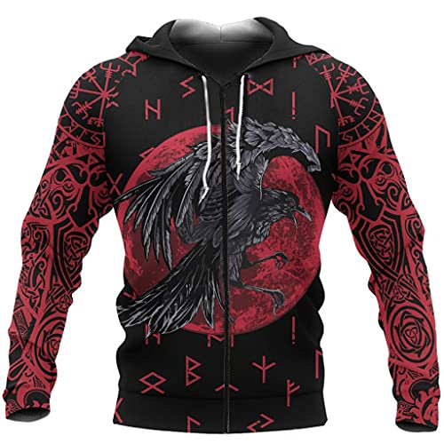 Sweat Viking zippé motif corbeau rouge sang impression 3D durable