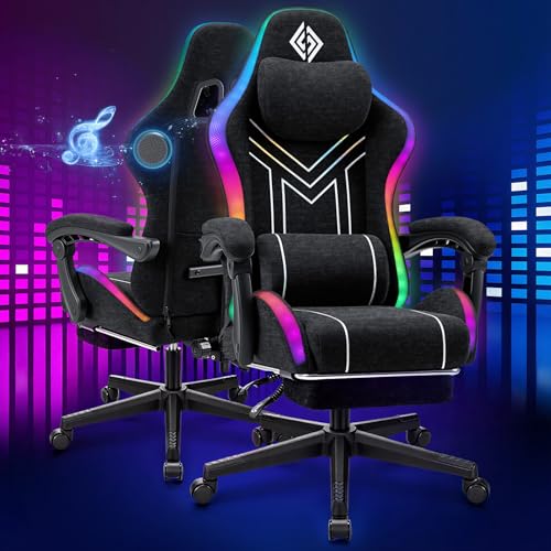 HOFFREE RGB Gaming Chair with Music Rhythm LED Lights and Bluetooth Speakers Fabric Ergonomic Game Chair 155 Reclining Computer Chair with Footrest Video Game Chairs for Adults Gaming & Office Black