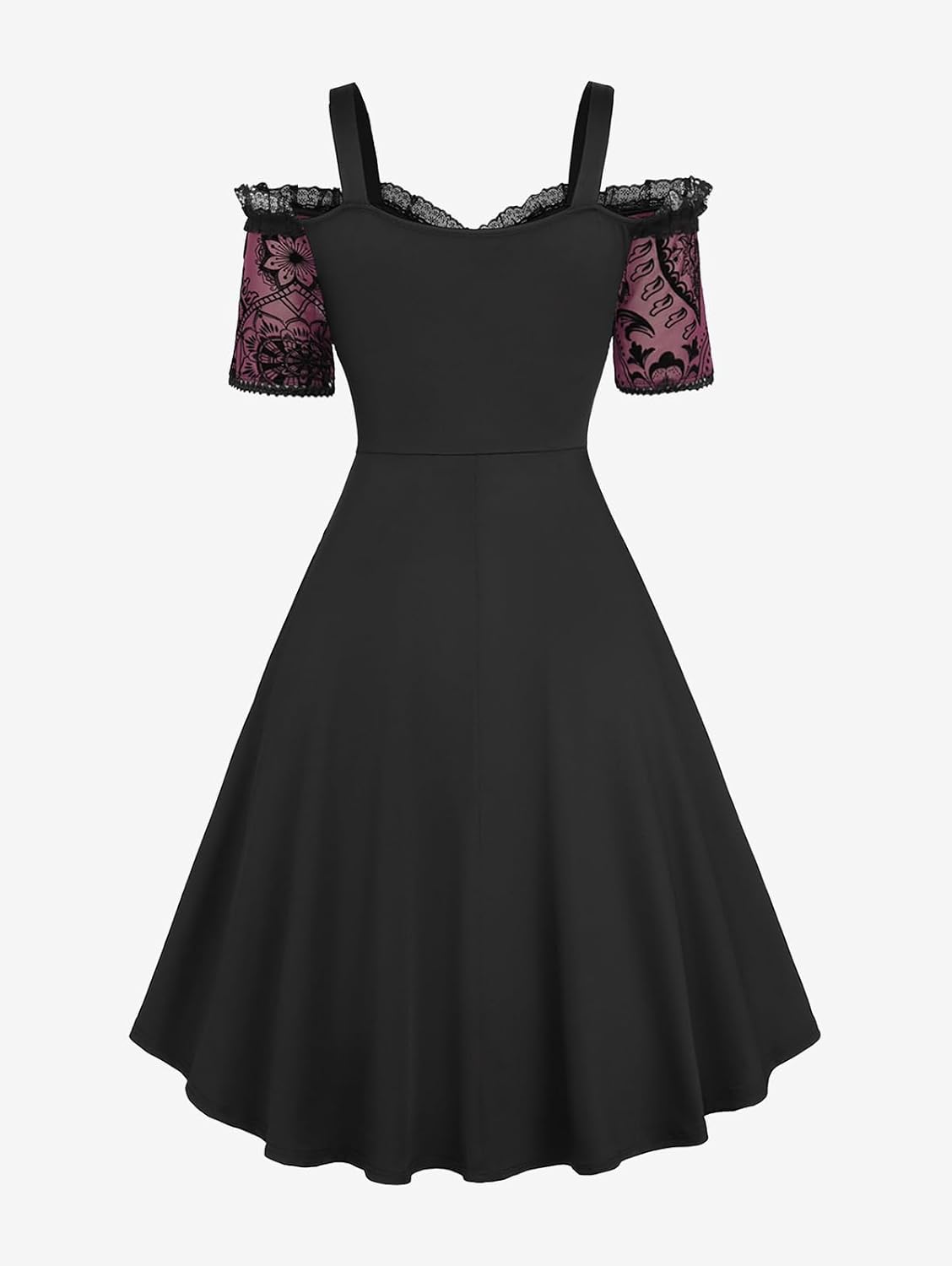 ROSE GAL Plus Size Gothic Lace Up Flocking Floral Layered Cold Shoulder Flowy Dress - Image 3