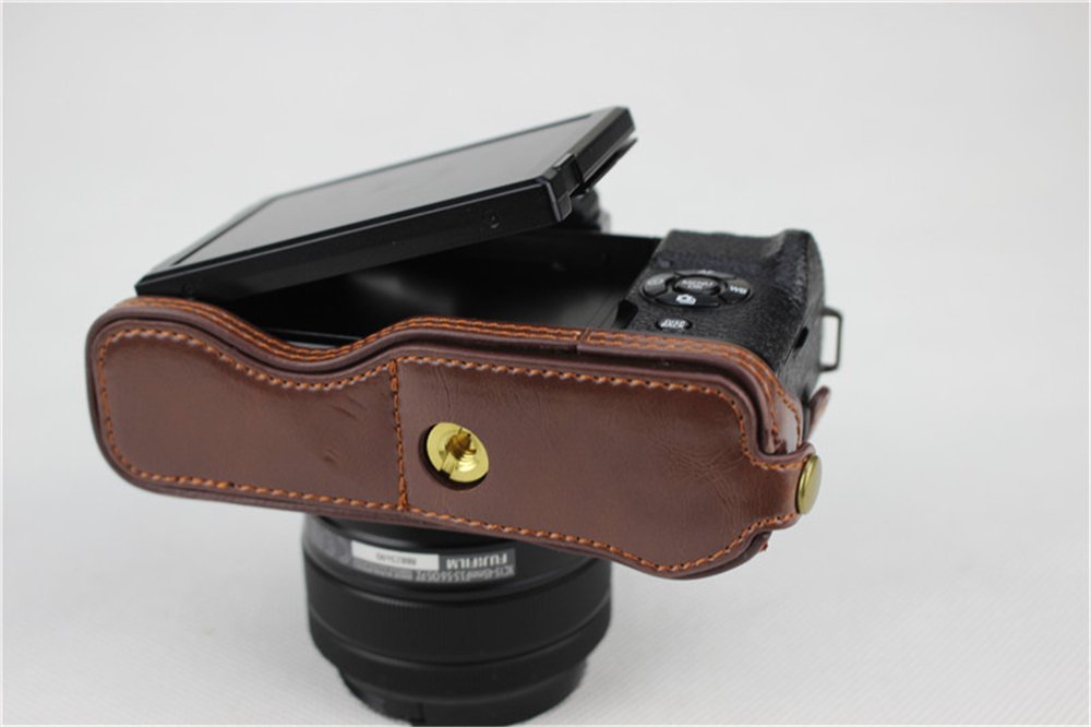 X-T100 Camera Case, Zakao Echt Lederen Half Bottom Opening Versie Holster Camera Case Met Hand Strap Beschermende Cover Tas Case voor Fujifilm Fuji X-T100 XT100 (Zwart