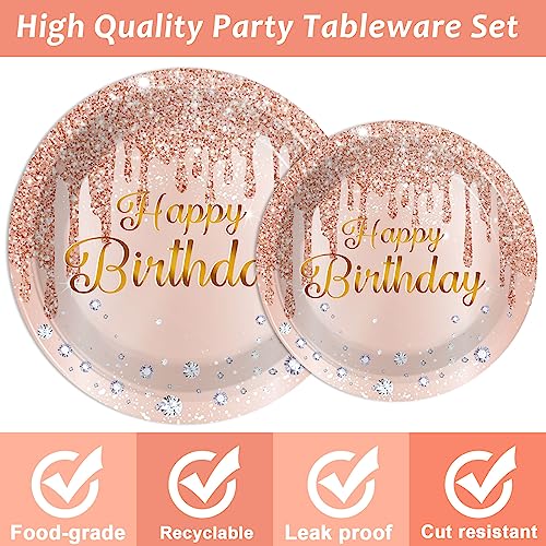 Image of ZOIIWA 96 Pieces Happy Birthday Tableware Set for Pink Rose Gold Table Decorations Supplies Dessert Plates Napkins Forks Women 24 Guests Disposable Party Favors