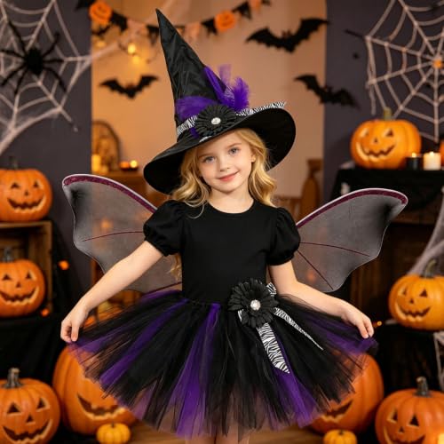 GAHIEDIM Halloween Costumes For Girls Witch Costume For Girls Halloween Toddlers Cute Dresses With Headwear And Wings Black 02 Large - image 5