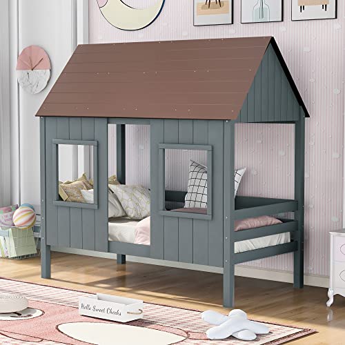 Twin House Bed For Kids,Low Loft Bed Frames Twin Size,Wood Toddler House Bed With Two Front Windows And Roof For Kids/Teens/Girls/Boys, Antique Gray +Normal Gray #TOP8