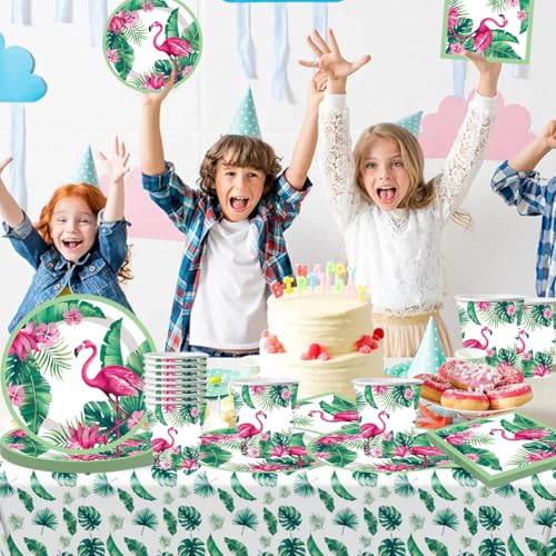 SZJFYMQ Flamingo Partygeschirr Set, Hawaii Geburtstag Deko,Pappteller Kindergeburtstag mit Flamingo, Sommer Gartenfeste Party Tischdeko, für Karneval Geburtstag Party Decoration,61PCS
