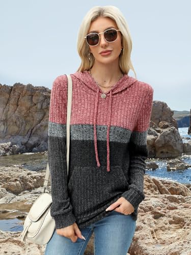 MixShe Women’s Color Block Knit Hoodie – Casual Long Sleeve Pullover Sweater Tops with Pocket