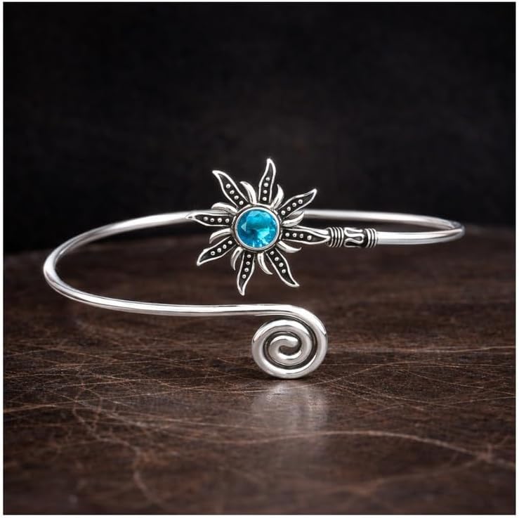 Silver Sunburst Arm Cuff, Blue Topaz Stone Boho Upper Arm Bracelet, Spiral Arm Cuff, Gemstone Armlet, Sun Bohemian Jewelry Gift