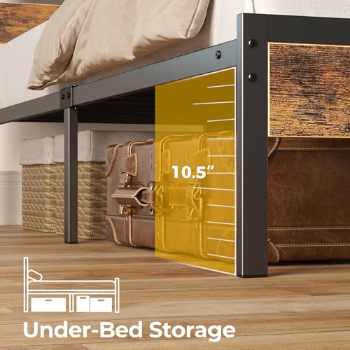 Image of Rolanstar Bed Frame Twin Size with USB Charging Station, LED Bed Frame with Wood Storage Headboard, Rustic Brown Metal Platform Bed with Under Bed Storage, No Box Spring Needed, Noise Free