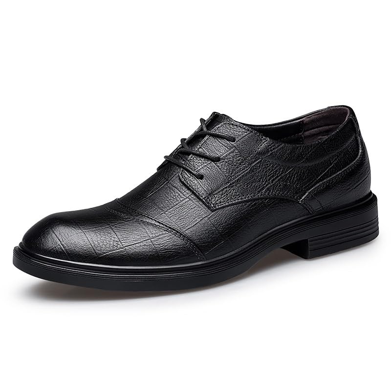 Dress Oxford for Men Lace Up Round Burnished Toe Leather Cap Toe Derby Shoes Non Slip Rubber Sole Low Top Anti-Slip Party