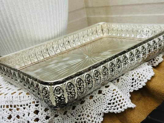 German Silver Tray | Plain Mirror Finish Decorative with Embossed Border | Dry Fruit, Pooja & Gift | Premium Metal | (14x10'' German Silver Tray)-image-9
