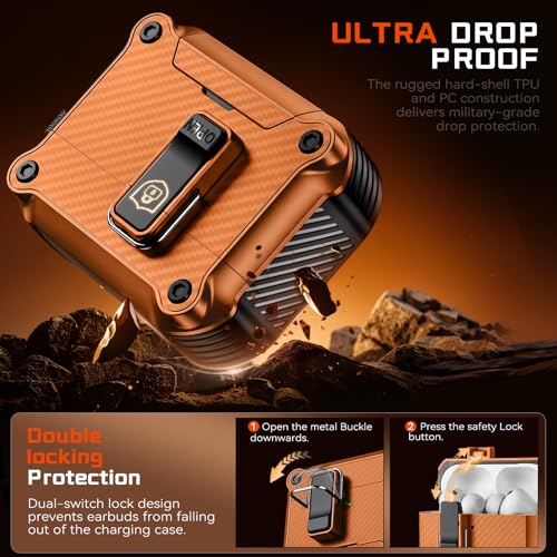 Image of Inesore for AirPods Pro 3 Case with Secure Lock (Orange) | Phone Stand Design,Compatible with MagSafe,Automatic Snap Switch Secure Cover Carbon Fiber Texture with Cleaner Kit