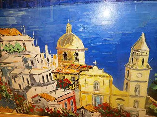 ORIGNIAL Enrico Varriale 夏のアマルフィー港　油彩 ORIGNIAL Enrico Varriale 夏のアマルフィー港 油彩