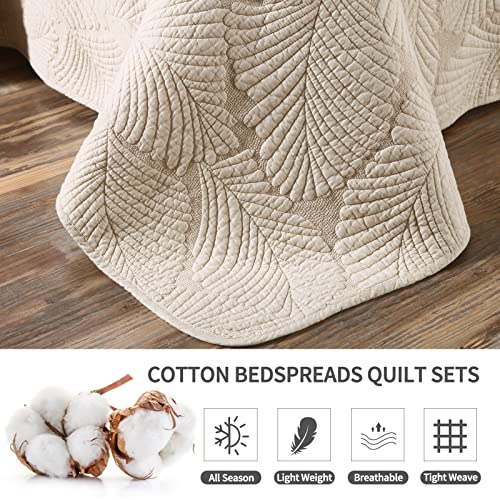 Qucover Cotton Bedspread Quilt Sets For King Bed, 3-Piece Beige Cream Color Embroidery Palm Leaf Bedspread Comforters Bedding Sets King Size 98X106 Inch #TOP4