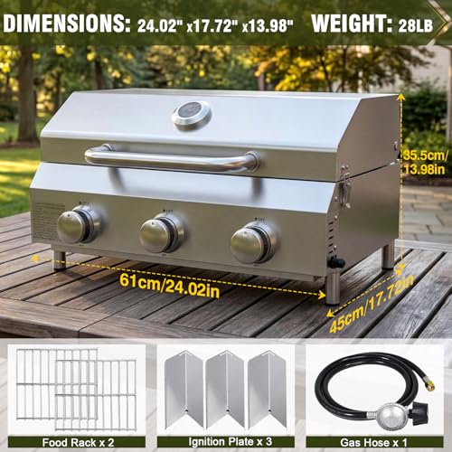 Image of Bestfire 3-Burner Tabletop Gas Grill, 30,000 BTU Portable Propane Grill, Heavy-Duty Thickened Stainless Steel Grates & Knobs, Compact & Detachable Legs for Camping, RV&BBQ