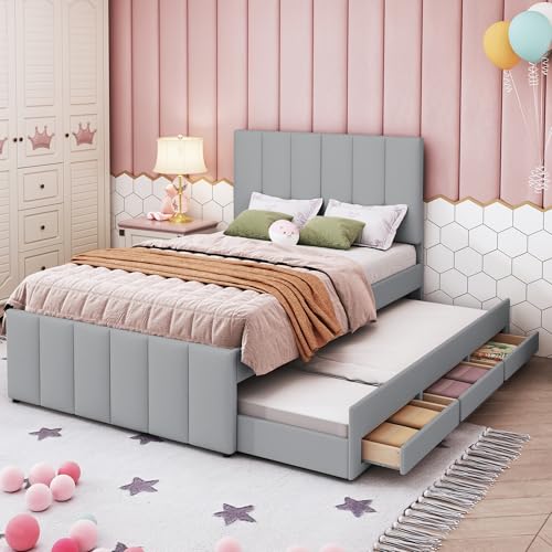 Tcewhhy Letto Imbottito 1 piazza e mezza con letto estraibile E Cassetti, Letti Per Ragazzi Adulti Lettino Per Bambini Letto Con Contenitore Con Rete A Doghe Per Gli Ospiti Letto Camera Grigio 90x200
