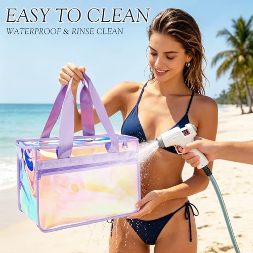 Image of Fammart Iridescent Clear Beach Bags Waterproof Sandproof for Women, Large Jelly Tote Zipper Pool Bag Cruise Essentials 2026