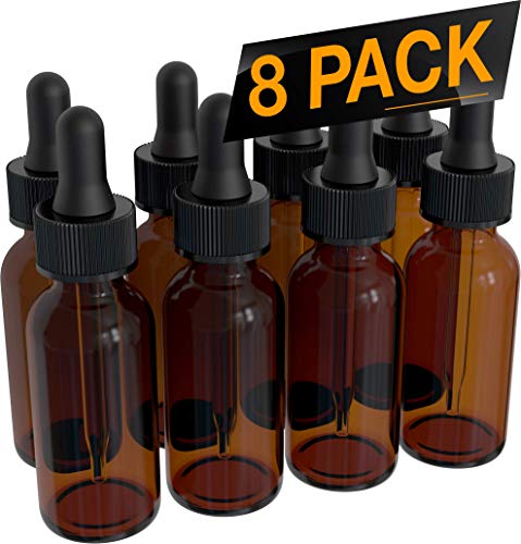 8 Pack Essential Oil Bottles - Round Boston Empty Refillable Amber Bottle with Glass Dropper for Liquid Aromatherapy Fragrance Lot - (1 oz) 30ml