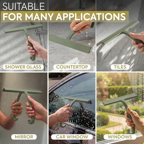 Image of GUTEWERK Shower Squeegee for Glass Doors - Bathroom Squeegee for Shower Glass & Tile Walls, Streak-Free & No-Squeak Silicone Blade, Stainless Steel Core, Hang Hook + Suction Cup, Green, 10 Inch