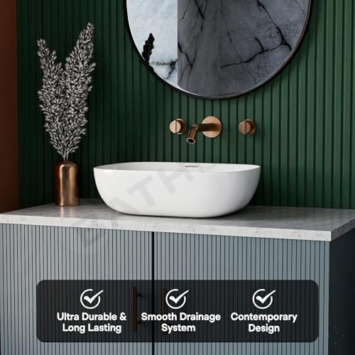Image of Designer Ceramic Wash Basin For Bathroom | Over Counter Bathroom Basin | Counter Top Bathroom Sink | Wash Basin For Restaurant, Hotel (18 x13 x 5 Inch) (13x18 White)